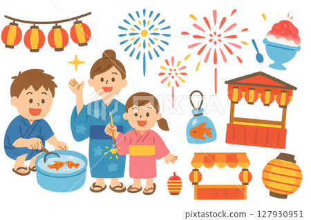 夏日祭典插畫：浴衣、小吃攤、煙火、撈金魚套裝 127930951