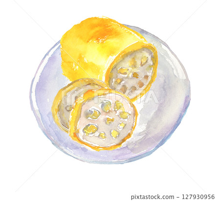 Watercolor illustration of spicy lotus root - a traditional local dish from Kumamoto Watercolor illustration of spicy lotus root - a traditional local dish from Kumamoto 127930956