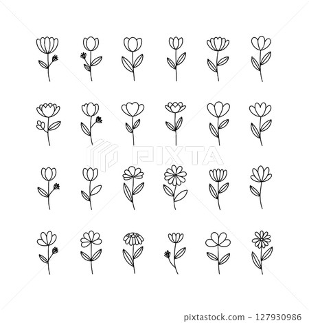 Wild Stem Drawing. Long wild botanical stem with small rounded flowers, combining simplicity and rustic elegance in floral art. 127930986