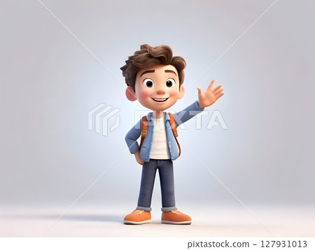 Cheerful cartoon schoolboy wearing jacket, sneakers, and backpack, standing confidently against gradient gray background before first school day 127931013