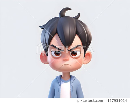 Cartoon boy with dark hair scowling, wearing casual clothing, depicting angry emotional state against neutral background through expressive 3d rendering 127931014