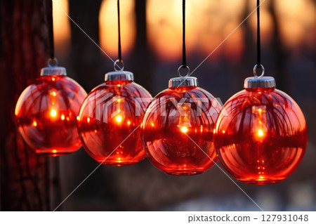 glass balls hanging on a tree branch, Christmas decoration for New Year holidays, winter season glass balls hanging on a tree branch, Christmas decoration for New Year holidays, winter season 127931048