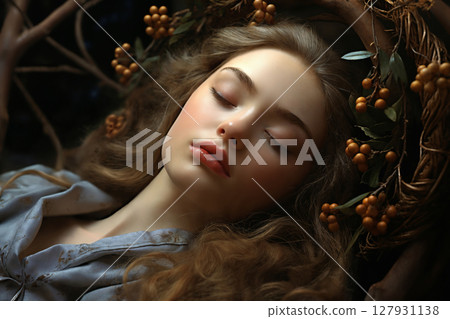 Young woman sleeping on background of branches with berries and leaves, art, face close-up 127931138