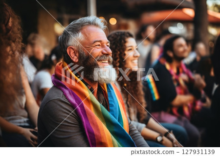portrait of a girl at a gay pride parade, happy and joyful emotions with friends, LGBT concept 127931139