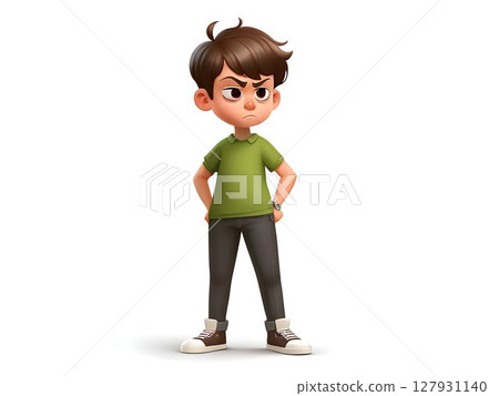 3d rendering featuring stubborn child standing with arms akimbo, green polo shirt, dark pants, showing frustration and defiance against white background 127931140