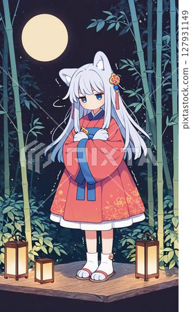 Shy Anime Cat Girl in Red Kimono at Night 127931149