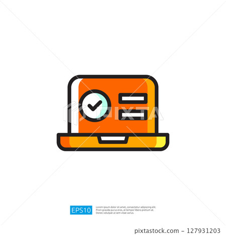Digital Icon of a Laptop Displaying a Checklist with Approval Icon in Orange Color Scheme for Task Management and Productivity 127931203