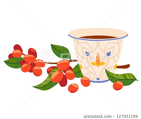 Ceramic Turkish cup with oriental ornament and coffee branch. Traditional glass for tea in Arab countries. Vector illustration in flat style. 127931299