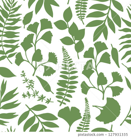 Seamless pattern of tropical green forest leaves. Vector illustration. Silhouette of ginkgo, fern Seamless pattern of tropical green forest leaves. Vector illustration. Silhouette of ginkgo, fern 127931335