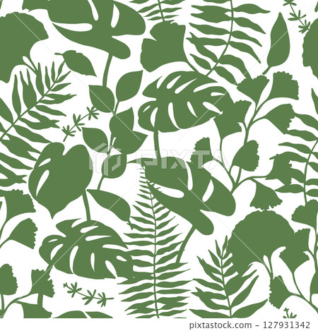 Seamless pattern of tropical green forest leaves. Vector illustration. Silhouette of monstera, fern, eucalyptus Seamless pattern of tropical green forest leaves. Vector illustration. Silhouette of monstera, fern, eucalyptus 127931342