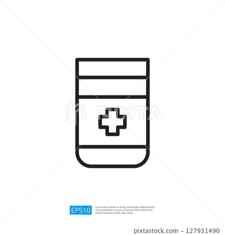 Medical Icon Representing Prescription Bottle with Cross Symbol for Healthcare and Pharmacy Use Medical Icon Representing Prescription Bottle with Cross Symbol for Healthcare and Pharmacy Use 127931490