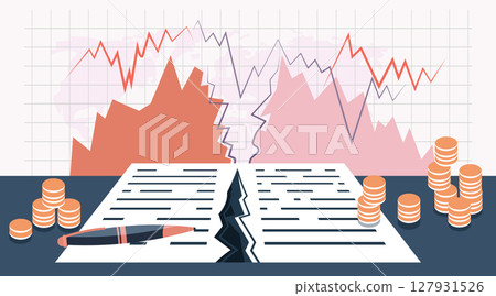 Economic recession financial crisis broken contract torn document declining graph chart coin stacks pen flat design banner Economic recession financial crisis broken contract torn document declining graph chart coin stacks pen flat design banner 127931526