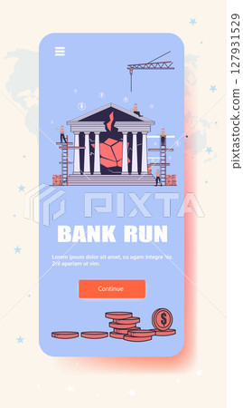 Bank run financial crisis broken bank building construction workers scaffolding coins crane damaged structure economic recession landing page Bank run financial crisis broken bank building construction workers scaffolding coins crane damaged structure economic recession landing page 127931529