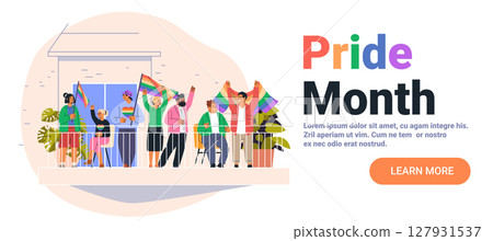 Pride month celebration diverse people holding rainbow flags balcony festive atmosphere modern flat background website banner 127931537