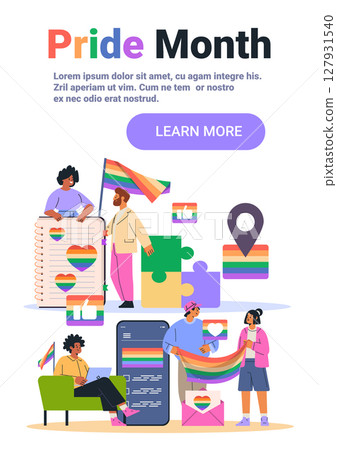Pride month celebration LGBTQ community people rainbow flags hearts digital social media icons diverse group puzzle background landing page 127931540