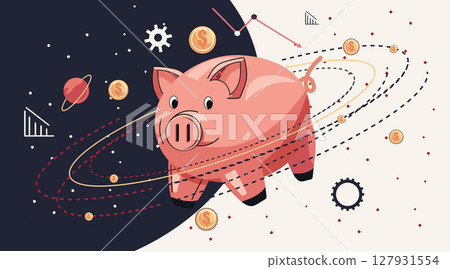 Piggy bank economic crisis recession concept piggy bank floating in space surrounded by falling coins declining graphs gears abstract background 127931554