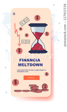 Financial crisis hourglass money coins dollar bills red downward arrow economic recession graphic mobile app screen template 127931556
