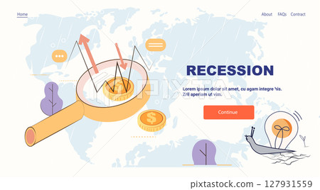 Economic recession crisis magnifying glass declining graph coins world map background rainy weather snail lightbulb website banner Economic recession crisis magnifying glass declining graph coins world map background rainy weather snail lightbulb website banner 127931559