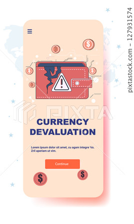 Currency devaluation crisis wallet warning icon falling coins economic downturn abstract background mobile app screen 127931574