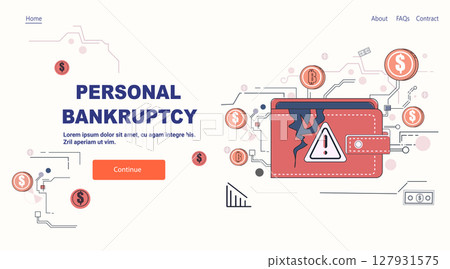 Broken wallet bankruptcy financial crisis warning digital coins abstract background landing page 127931575