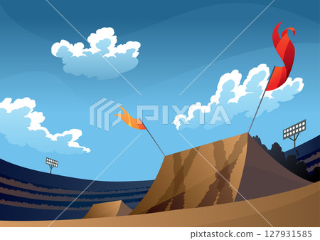 Background for jumping monster truck show. Burning springboards for car with large tires, rally 4x4 computer or mobile game. Vector cartoon illustration 127931585
