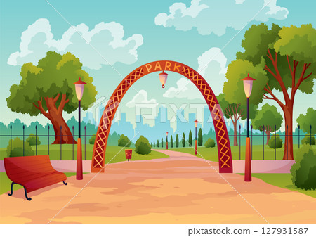 Entrance to city park with green trees and street lamps and skyscrapers on background. Vector urban garden, summer or spring scenery. Flat cartoon style illustration Entrance to city park with green trees and street lamps and skyscrapers on background. Vector urban garden, summer or spring scenery. Flat cartoon style illustration 127931587