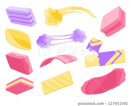 Bubble gum splashes set. Cartoon chewy sweet candies. Stains and sticky stretchy forms. Children bubblegum. Vector illustration Bubble gum splashes set. Cartoon chewy sweet candies. Stains and sticky stretchy forms. Children bubblegum. Vector illustration 127931592