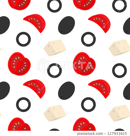 Olives Cheese Cubes and Tomatoes slices Seamless Pattern Healthy Eating Ingredients Food Background Olives Cheese Cubes and Tomatoes slices Seamless Pattern Healthy Eating Ingredients Food Background 127931625