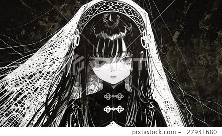 Gothic Anime Girl with Veil and Ornate Headdress 127931680