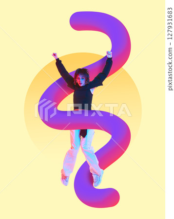 Person entwined in vibrant 3D gradient swirl on pastel background. Bold youth identity 127931683