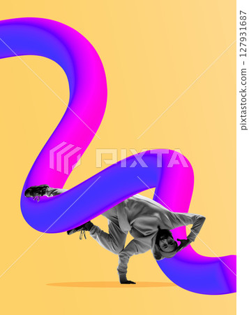Colorful fluid shapes and dancer creating dynamic abstract composition. Vibrant poster, flyer 127931687