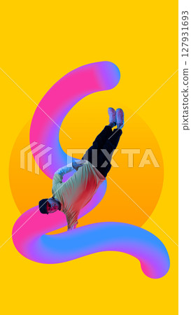 Man upside down with colorful 3D gradient shape on bright yellow background. Bold poster, flyer Man upside down with colorful 3D gradient shape on bright yellow background. Bold poster, flyer 127931693