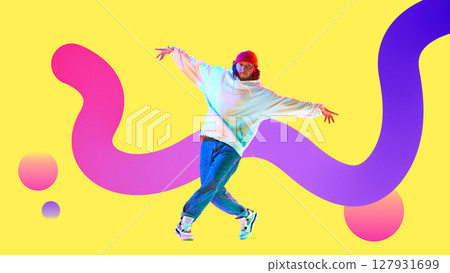 Hip-hop dancer in vibrant 3D gradient design jumping with colorful background. Bold poster, flyer 127931699