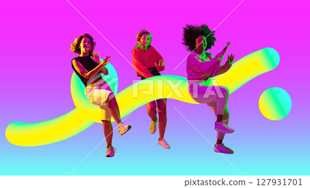 Soul mechanics. Colorful 3D gradient dancers posing with abstract shapes on vibrant background. Soul mechanics. Colorful 3D gradient dancers posing with abstract shapes on vibrant background. 127931701