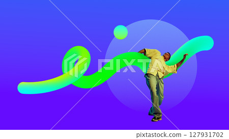 Noise inside. Hip-hop dancer interacting with vibrant 3D gradient swirl on colorful background. Noise inside. Hip-hop dancer interacting with vibrant 3D gradient swirl on colorful background. 127931702