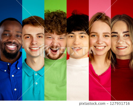 Colorful portraits of diverse individuals expressing joy and positivity across vertical backgrounds Colorful portraits of diverse individuals expressing joy and positivity across vertical backgrounds 127931716