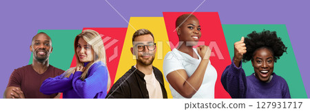 Portraits of happy diverse team with positive energy and confidence. Workplace training. Banner 127931717