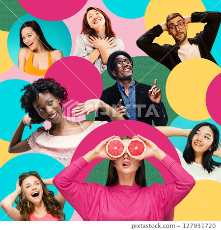 Energetic collage. Creative portrait group of diverse individuals having fun. Engagement programs Energetic collage. Creative portrait group of diverse individuals having fun. Engagement programs 127931720