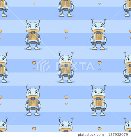 Seamless pattern Futuristic cute Robot on striped blue background. Virtual Technology funny cartoon Assistant. Vector illustration. Kids collection. Not AI Seamless pattern Futuristic cute Robot on striped blue background. Virtual Technology funny cartoon Assistant. Vector illustration. Kids collection. Not AI 127932079