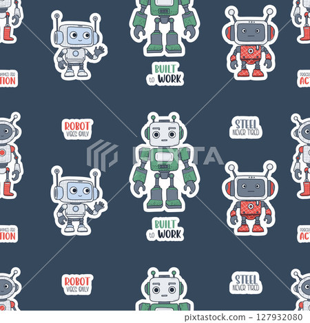 Seamless pattern Futuristic cute Robots Sticker on dark gray background with cool phrases. Virtual Technology funny cartoon Assistant. Vector illustration. Kids collection. Not AI Seamless pattern Futuristic cute Robots Sticker on dark gray background with cool phrases. Virtual Technology funny cartoon Assistant. Vector illustration. Kids collection. Not AI 127932080