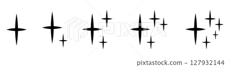 Black Sparkle Light Icon Set. Abstract Minimalist Starburst Glare Symbols. Set of abstract black stars. Simple Shiny Glow Elements for UI, Decor, Stickers, Backgrounds, Celestial or Magic Concepts 127932144