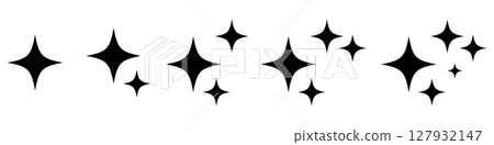 Glossy Sparkle Star Icons Set. Vector Minimal Black Diamond Twinkle Symbols for Shiny Effects, Magical Light, Cosmic Stars, UI Elements, Celestial Decorations, and Clean Graphic Design. 127932147