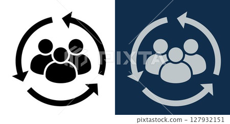 User group icon with circular arrows in black and blue. Teamwork, community cycle, management process, communication and network concept. Simple vector symbol in flat minimal design. 127932151