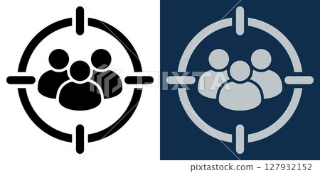 User targeting icon with group of people in a crosshair. Customer audience identification, marketing segmentation, focus group or CRM concept. Flat vector symbol in black and blue. 127932152