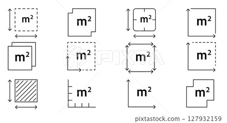 Square meter icon with M2 sign. Vector outline illustration of flat area measurement. Symbol for land size, house dimensions, real estate, or room square meters in linear style 127932159