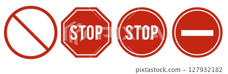 Set of Red Stop Signs. Flat Vector Icons of Prohibition, Warning, and No Entry Symbols in Circle and Octagon Shapes. Isolated Design Elements for Road, Traffic, Alert, and Safety Concepts. 127932182