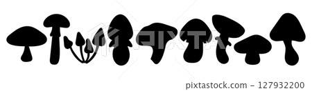 Mushroom silhouettes collection. Black fungus icons set isolated. Wild forest mushrooms, food, nature elements, editable vector for autumn, botanical or organic design. 127932200