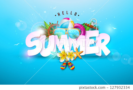 Hello Summer Holiday Banner Design with Flower, 3d Text Label and Colorful Beach Elements on Ocean Blue Background. Vector Tropical Typography Lettering Illustration with Beach Ball, Sunglasses and 127932334