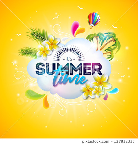 Hello Summer Holiday Banner Design with Flower, Cloud and Text Label on Sun Yellow Background. Vector Tropical Vacation Illustration with Colorful Beach Elements, Air Balloon and Palm Leaves for Flyer Hello Summer Holiday Banner Design with Flower, Cloud and Text Label on Sun Yellow Background. Vector Tropical Vacation Illustration with Colorful Beach Elements, Air Balloon and Palm Leaves for Flyer 127932335