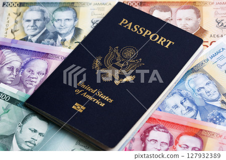 American passport on Jamaican dollar 127932389